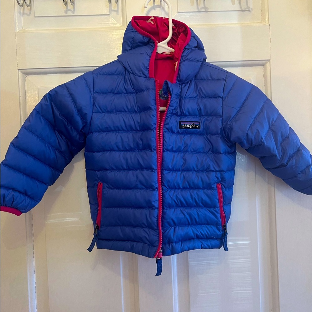 Patagonia Kids Blue Puffer Jacket with Pink Trim